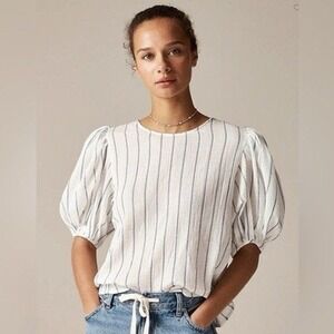 J. Crew NWT Women's Puff Sleeve Top in Sheer Gauze White Striped Size XS‎